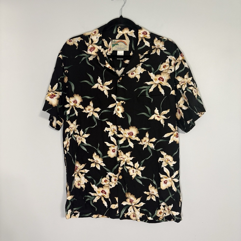 Paradise Found Star Orchid Hawaiian Shirt Mens Medium M Black Floral Magnum PI